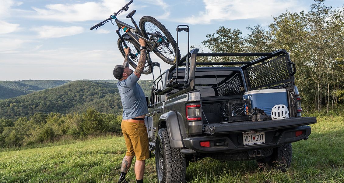 Truck rack with a bike rack being loaded