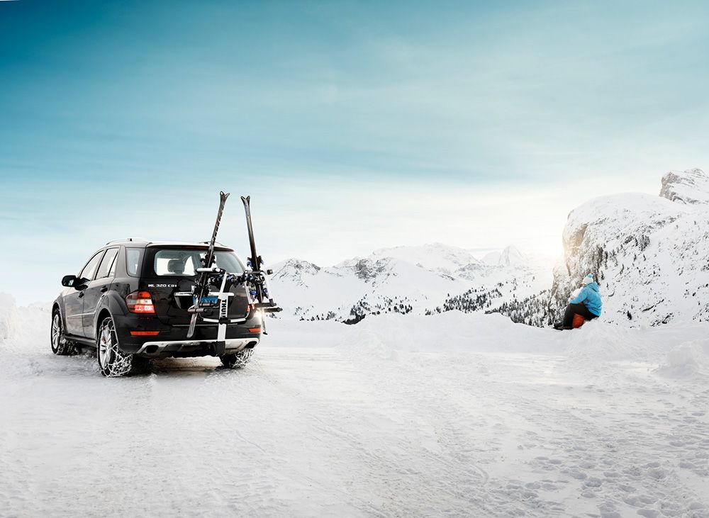 Hitch mounted ski rack on a car