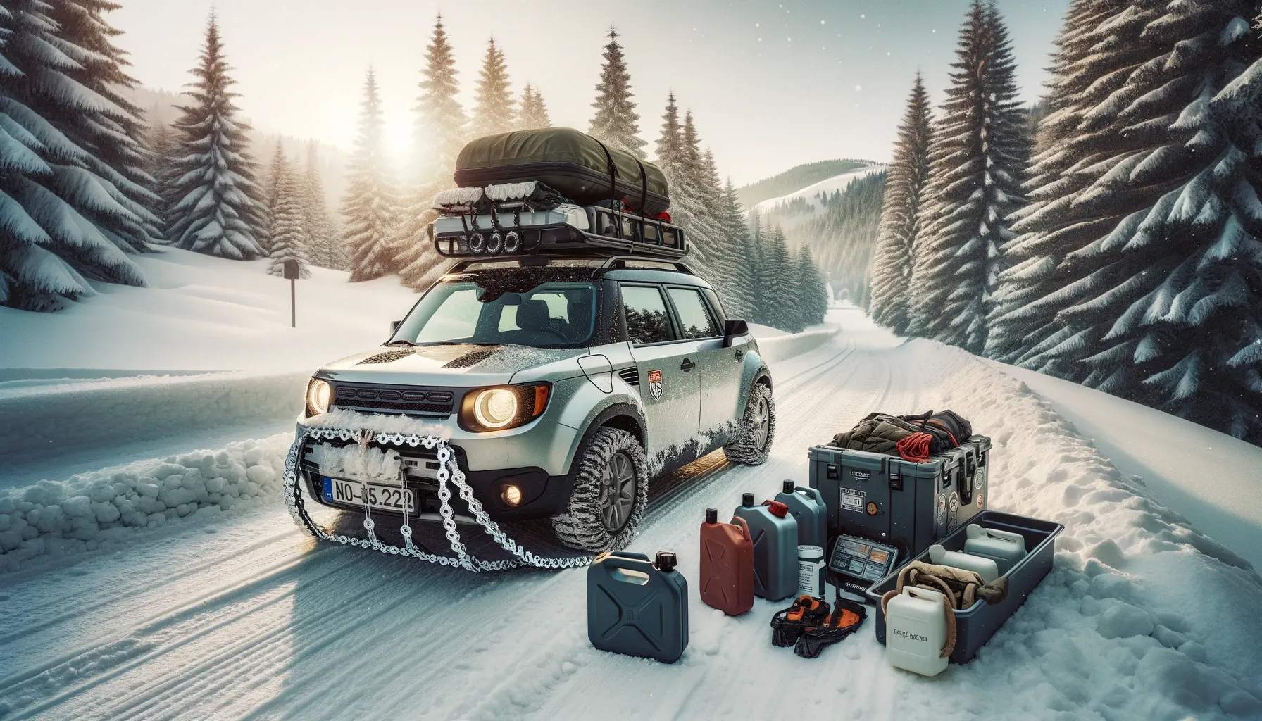 A winter scene featuring a car equipped with various emergency and adventure gear such as snow chains, a roof rack with a cargo box, and extra fuel ca