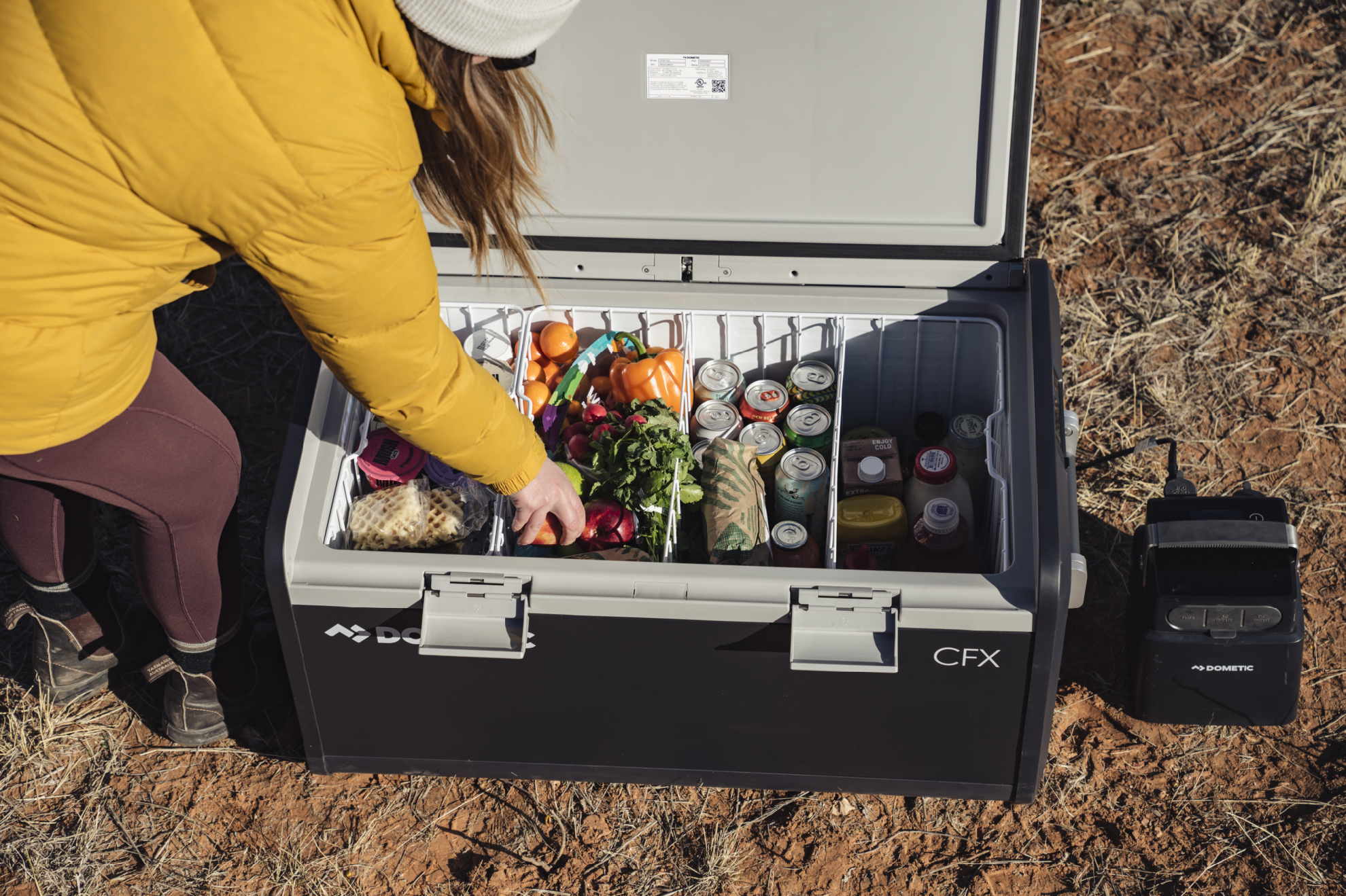 A large single-zone 12v powered cooler and a LiFePo4 battery